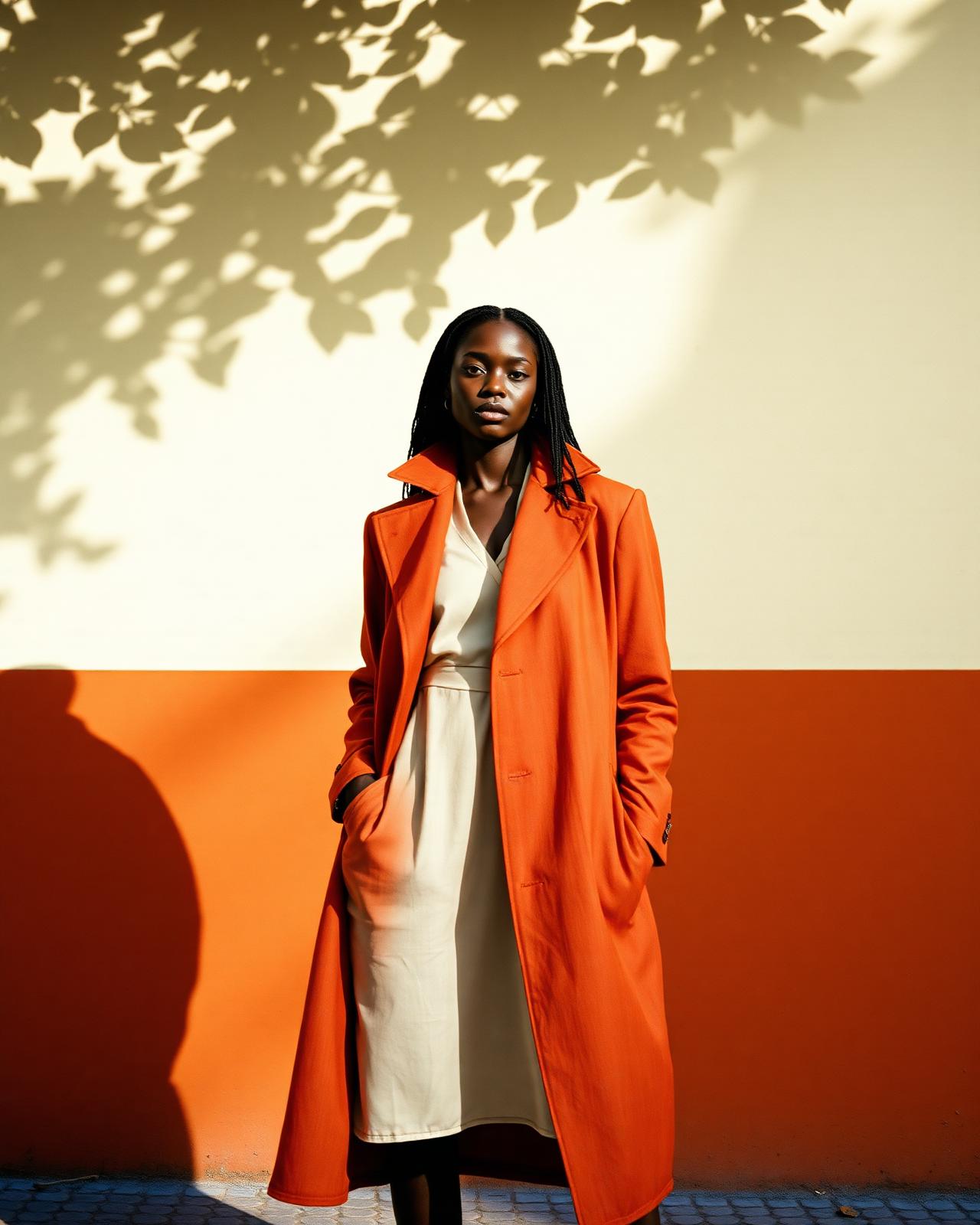 Nigerian model wearing a structural terracotta linen coat in afternoon Lagos light